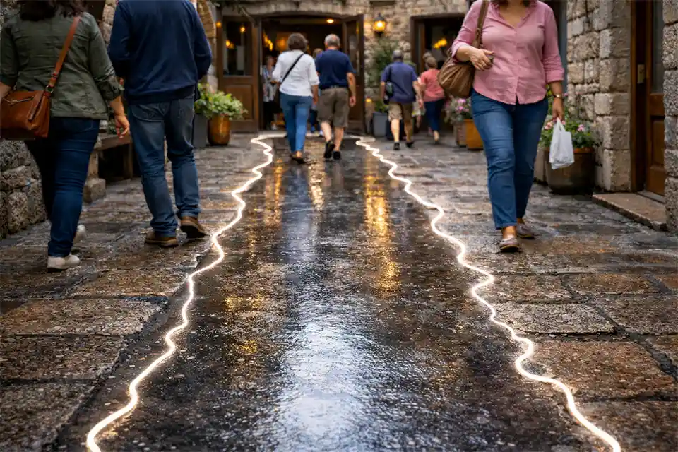 Busy outdoor stone courtyard with a smoother polished walking lane caused by dense foot traffic over time.