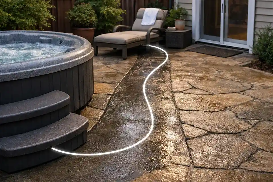 Short walkway beside hot tub steps highlighted as the main slippery access path compared with the surrounding patio