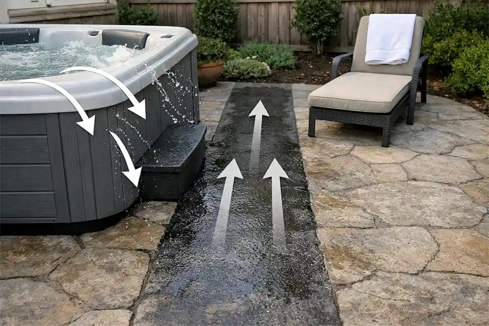 Hot tub surround with a highlighted narrow slippery walking lane caused by splash-out and repeated barefoot traffic