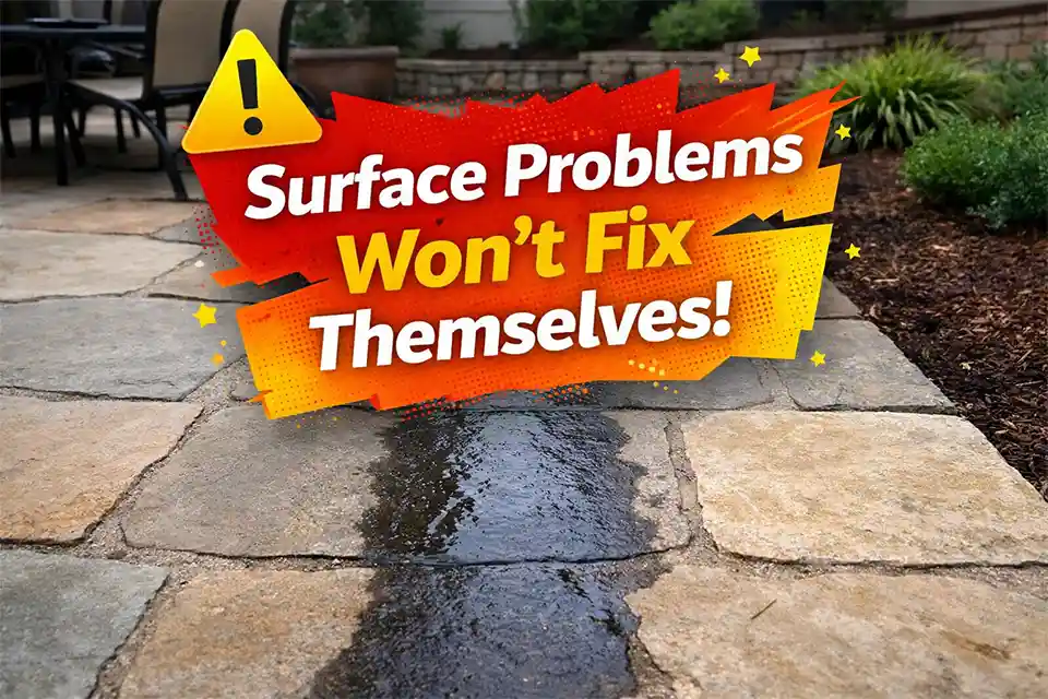 Outdoor stone walkway with a slow-drying slick strip that stays damp after the surrounding surface dries