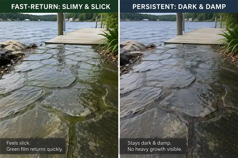 Comparison of a dockside stone path with fast slime buildup versus a path with a persistent dark damp low section