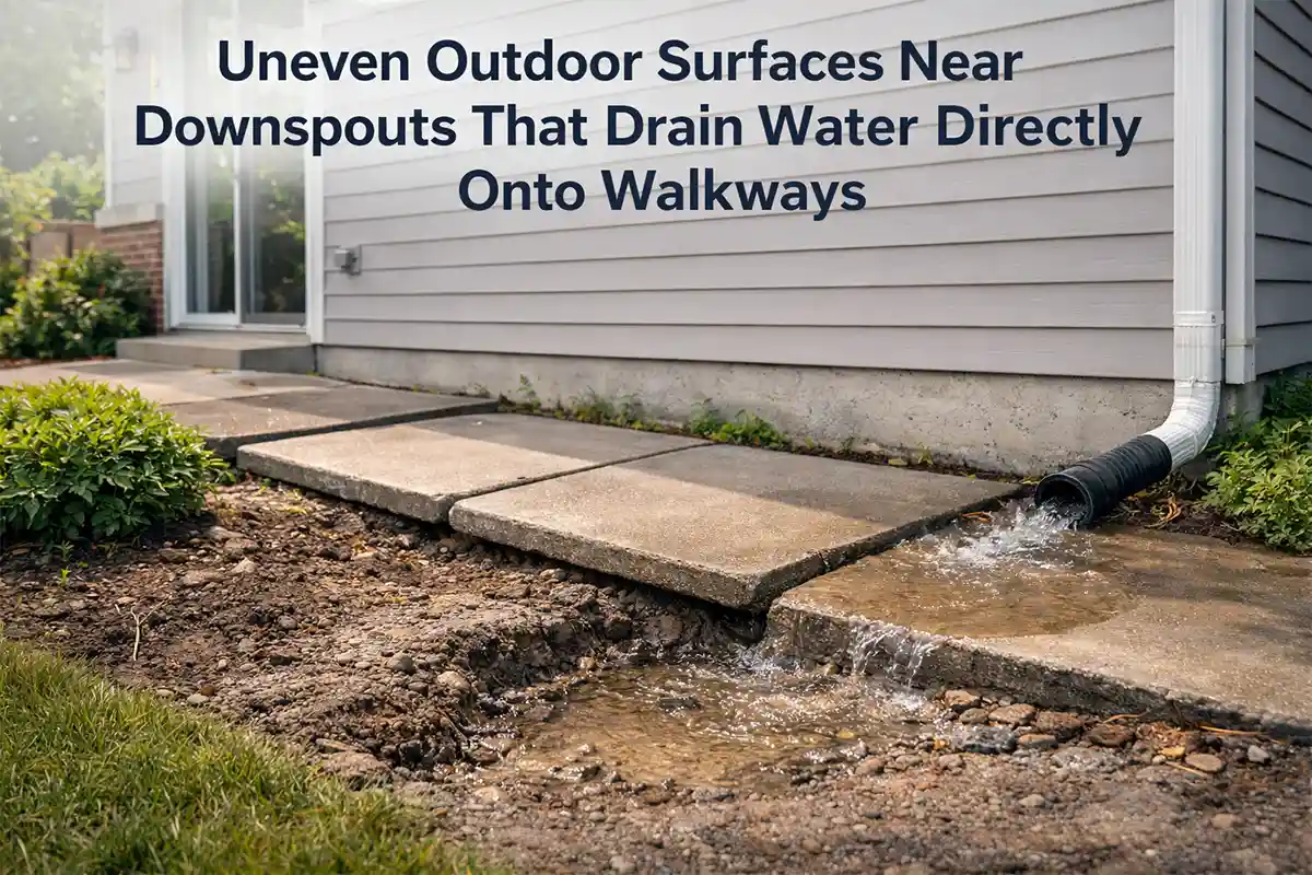 Residential walkway showing slight unevenness and damp surface where a roof downspout drains water directly onto the pavement.