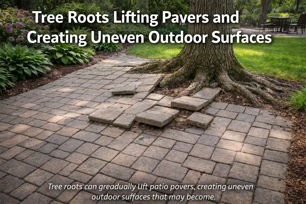 Tree roots pushing up patio pavers near a mature backyard tree, creating an uneven outdoor walkway surface.
