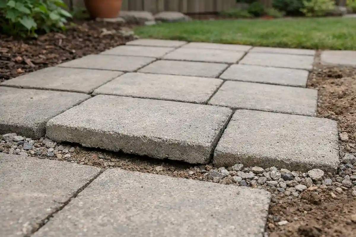Concrete paver walkway showing uneven settling caused by disturbed soil beneath the surface.