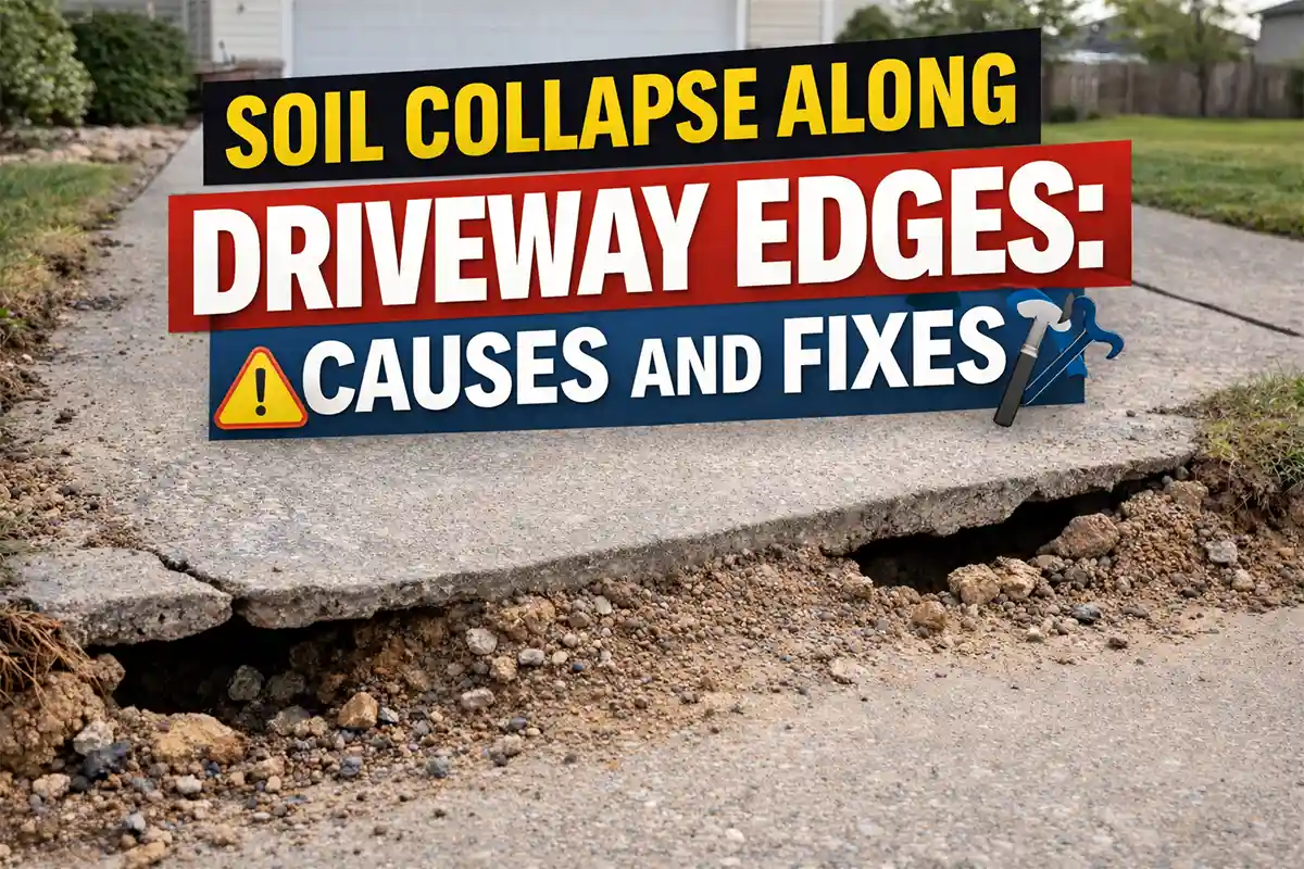 Soil collapse along driveway edge causing uneven outdoor surface beside concrete driveway