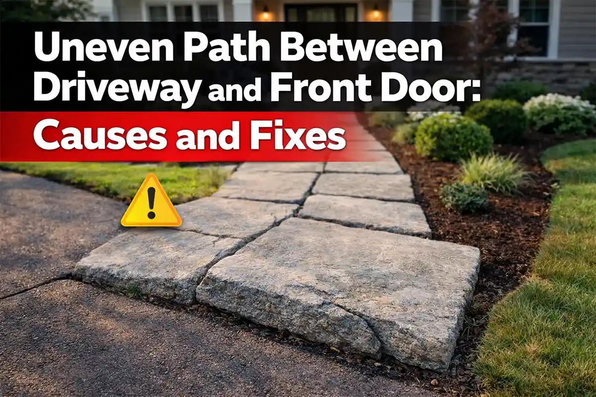 Uneven walkway between driveway and front door creating a trip hazard in a residential yard