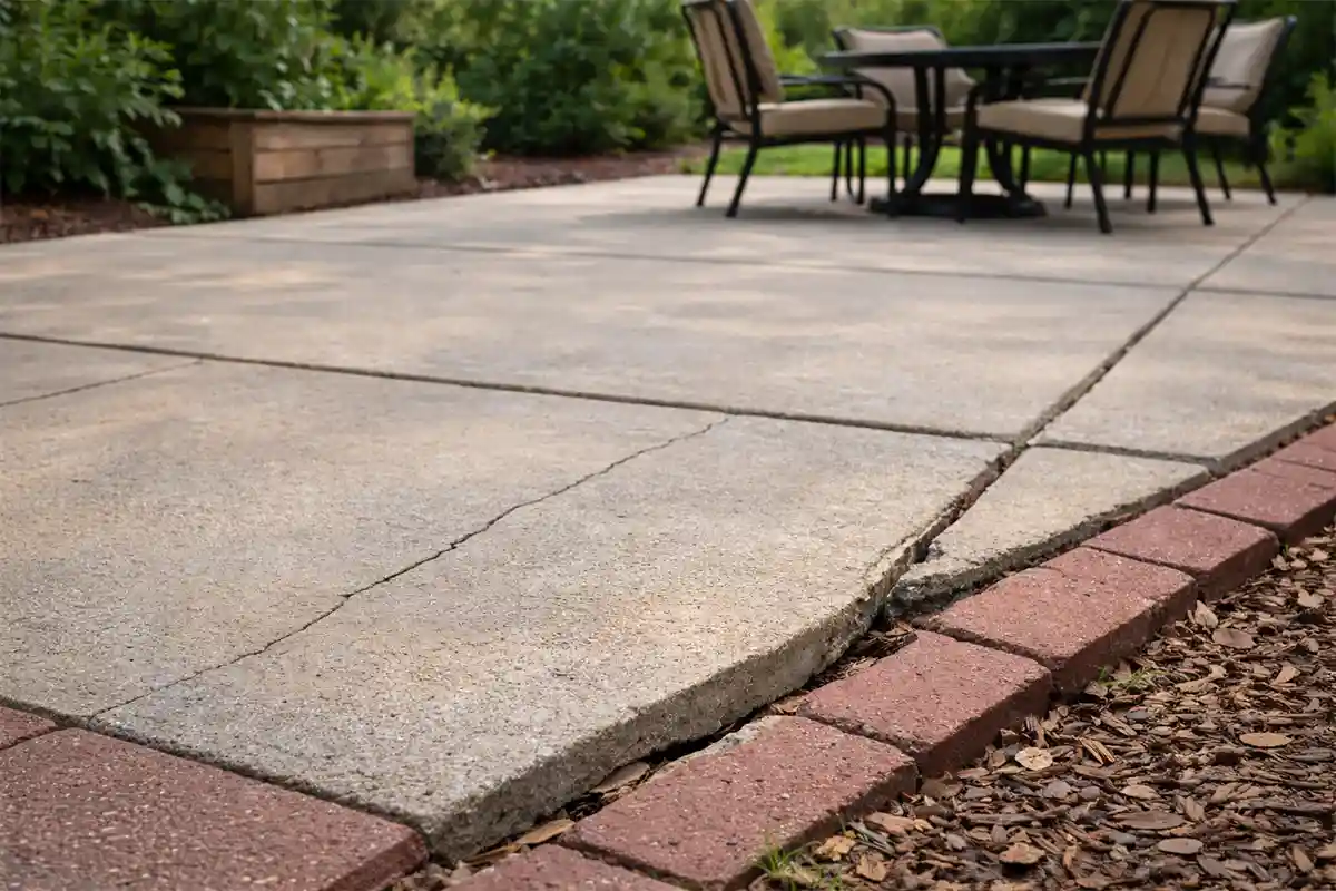 Early signs of outdoor surface fatigue with minor cracking and slight edge separation on a residential patio.