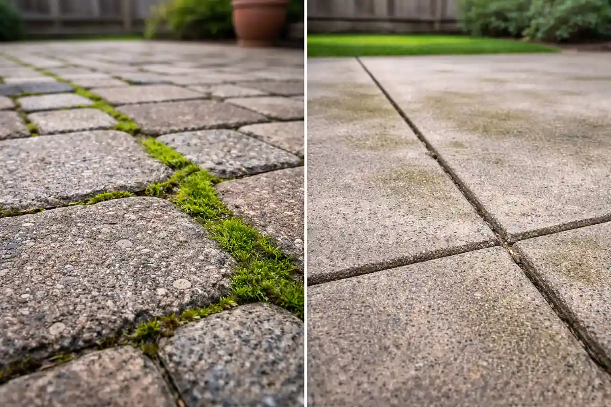 Comparison of moss growth on textured stone pavers versus smoother concrete slab.