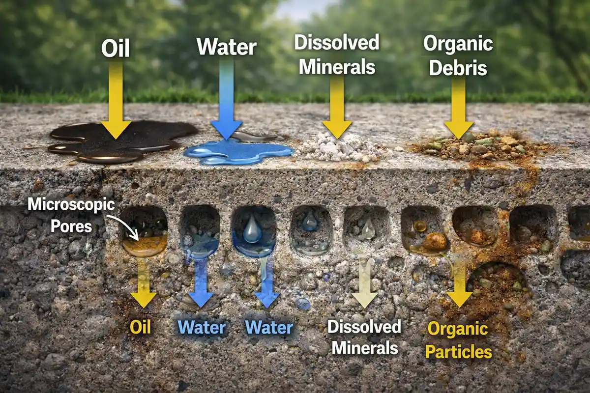 Diagram showing how oil, water, and minerals penetrate porous concrete surfaces.
