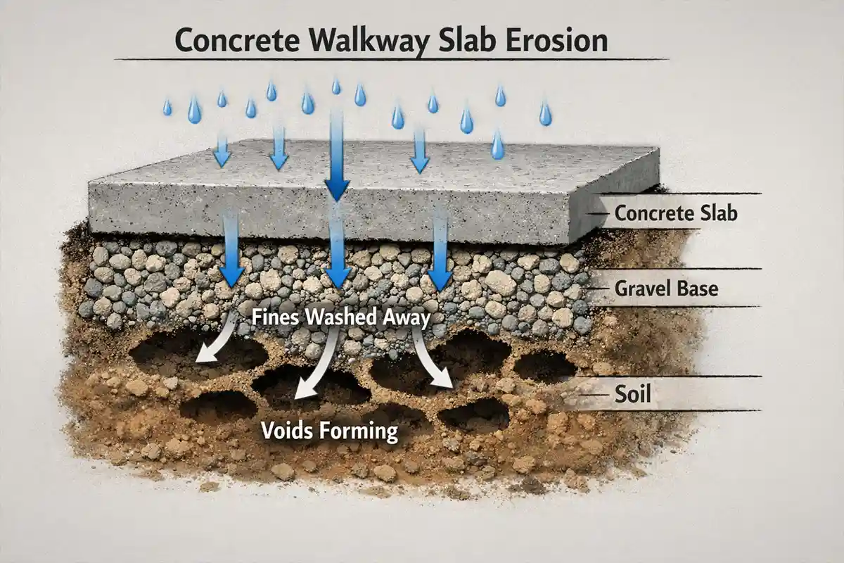 Cutaway diagram showing erosion of the base layer under a concrete walkway due to water infiltration