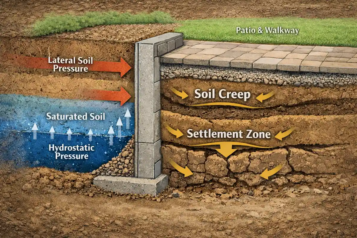 Cross section diagram showing soil pressure behind retaining wall affecting patio and walkway foundations.