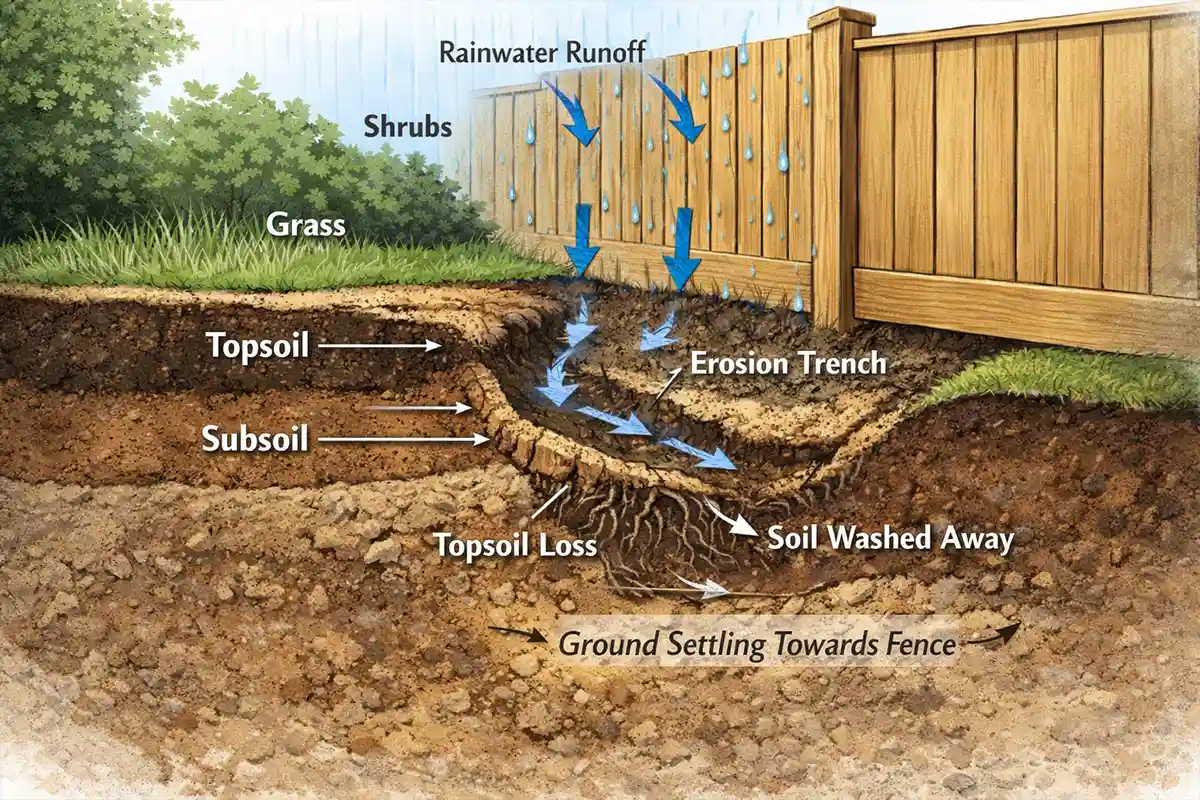 Diagram showing rainwater runoff causing soil erosion along a backyard fence line.
