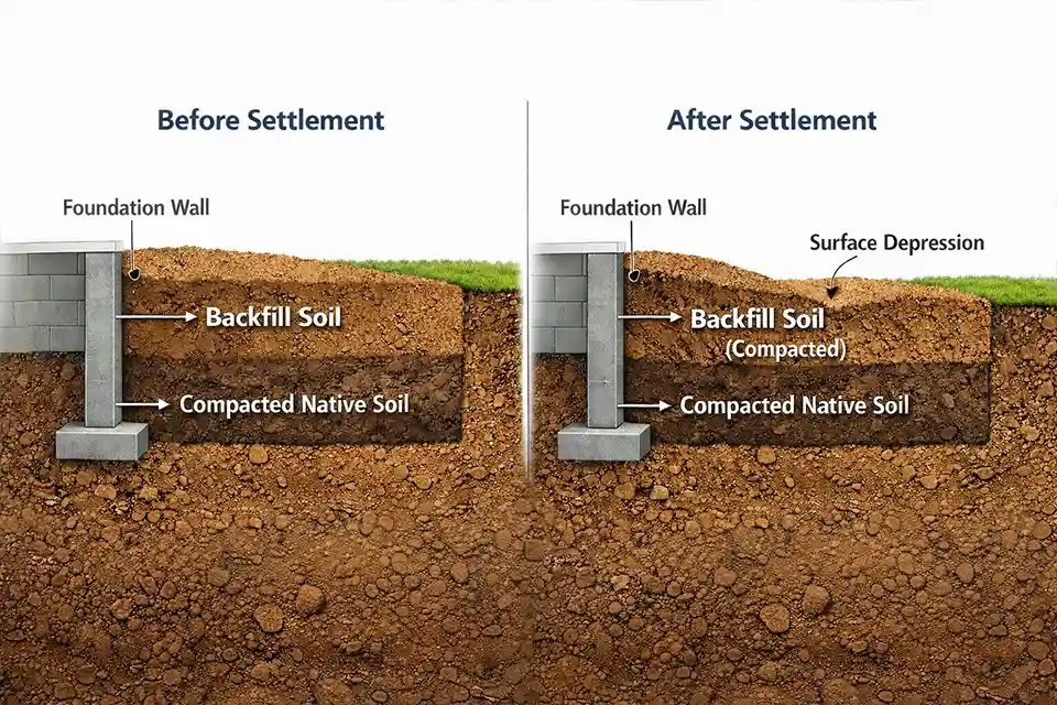 Diagram showing how backfill soil settles around house foundations causing uneven ground.