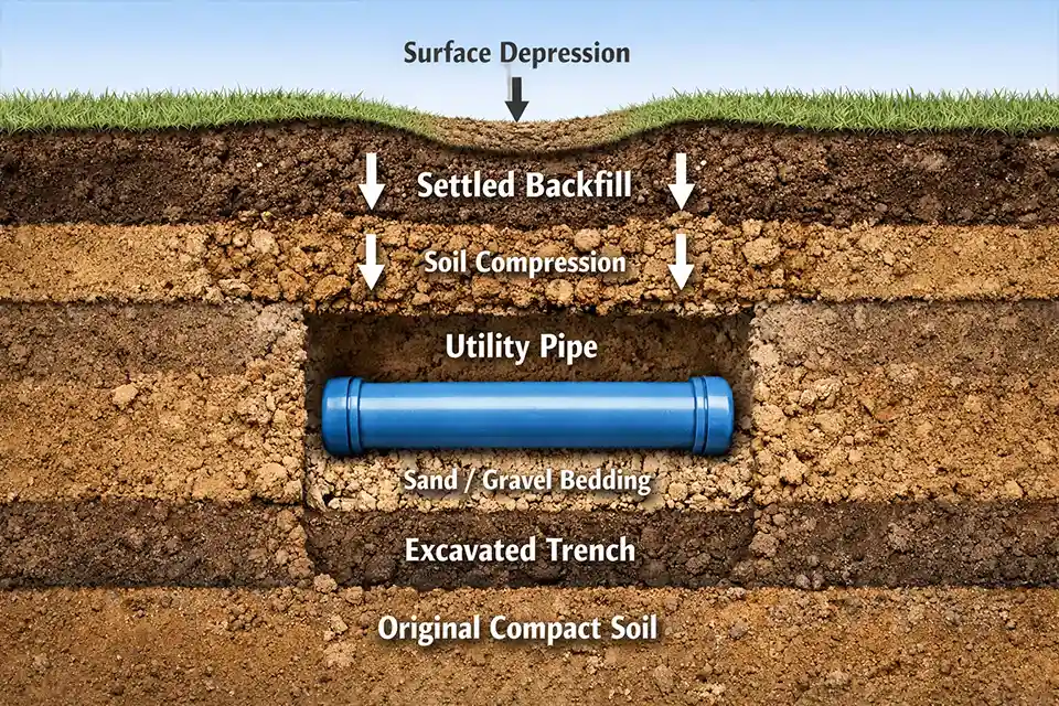 Cross section showing soil settlement above a buried residential utility trench