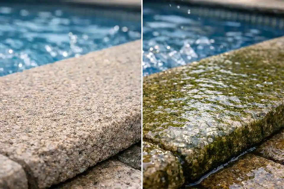 Comparison between clean textured pool patio stone and slippery algae-covered stone surface.