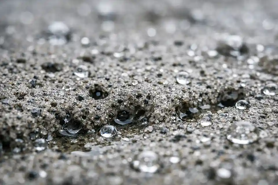 Rainwater penetrating porous concrete surface illustrating capillary absorption and moisture infiltration.