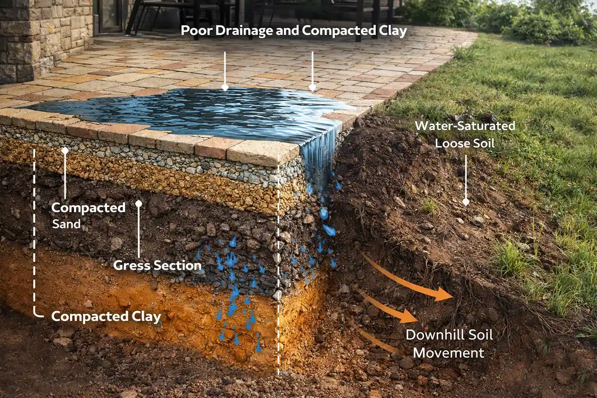 Cross-section diagram showing soil erosion and downhill soil movement beneath patio pavers on a sloped yard.