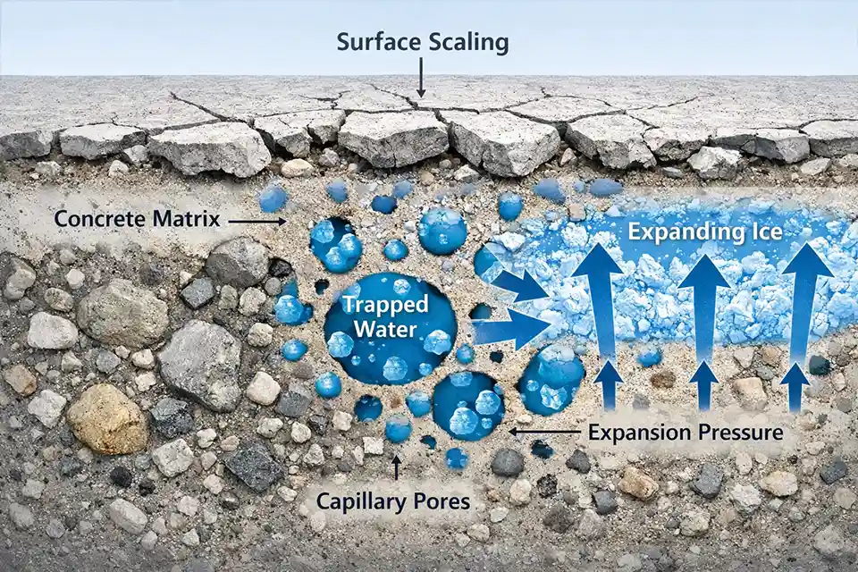 Cross-section diagram illustrating how water freezes inside concrete pores and causes freeze–thaw cracking.