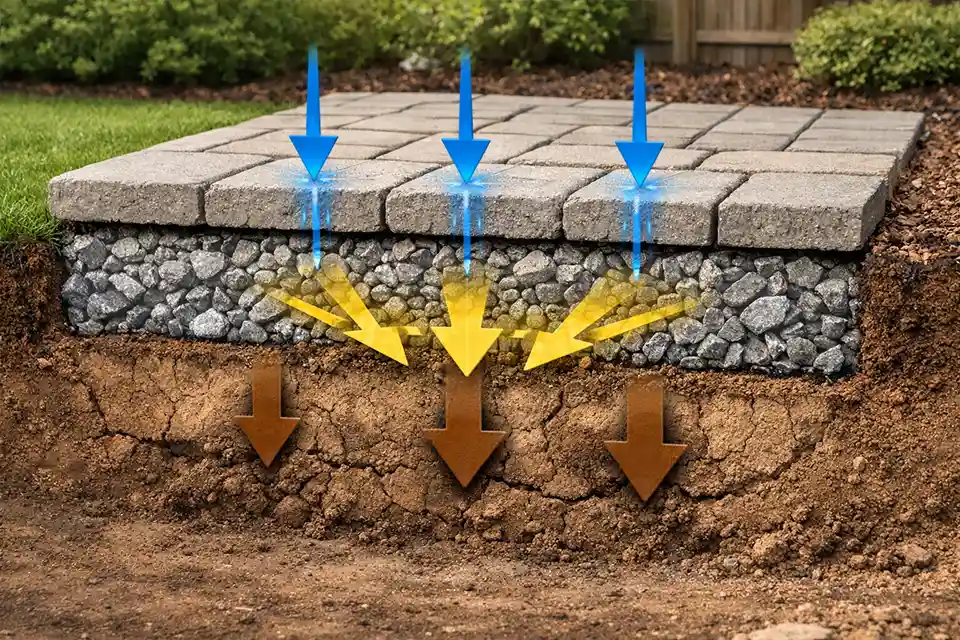 Cross section diagram showing outdoor surface layers including surface material, base layer, and soil subgrade where structural failure begins.