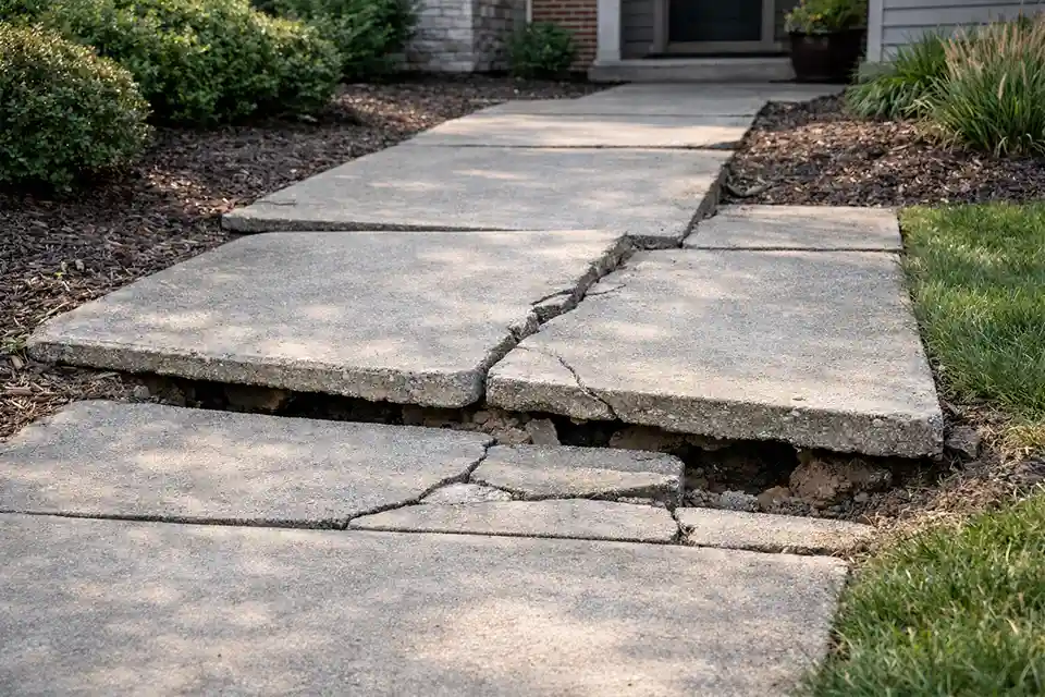 Uneven outdoor walkway slabs showing structural settlement and ground movement beneath concrete.