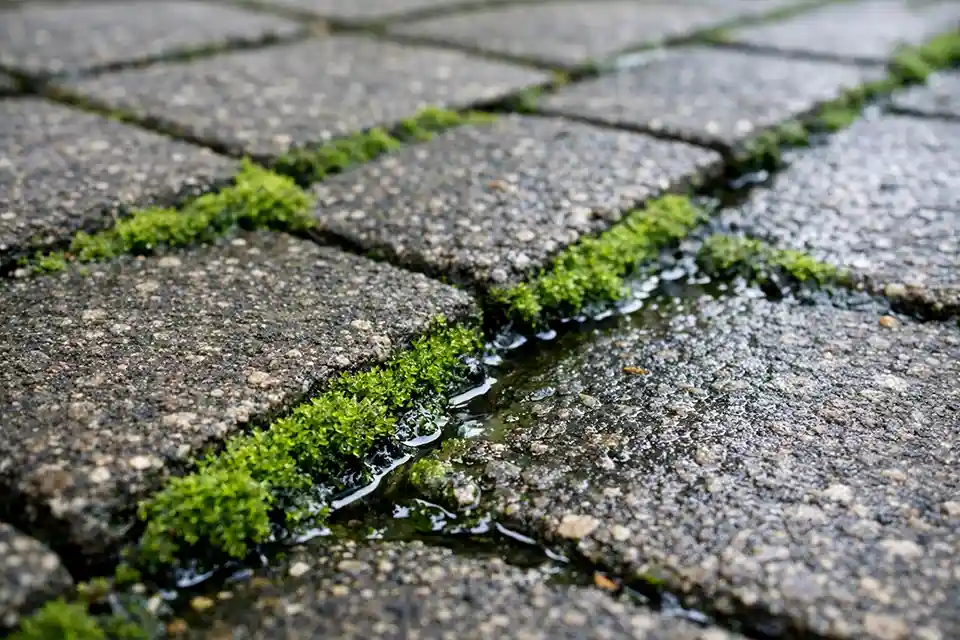 Algae and moss buildup between driveway pavers causing slippery conditions on a sloped driveway.