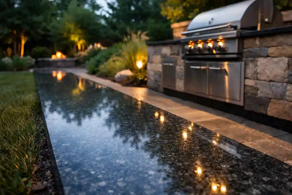 Close-up of polished granite walkway surface installed beside an outdoor kitchen.