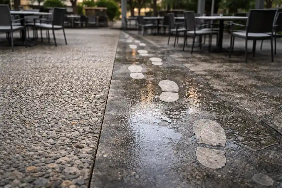 Comparison showing healthy textured restaurant patio stone beside a worn polished walking lane with reduced traction