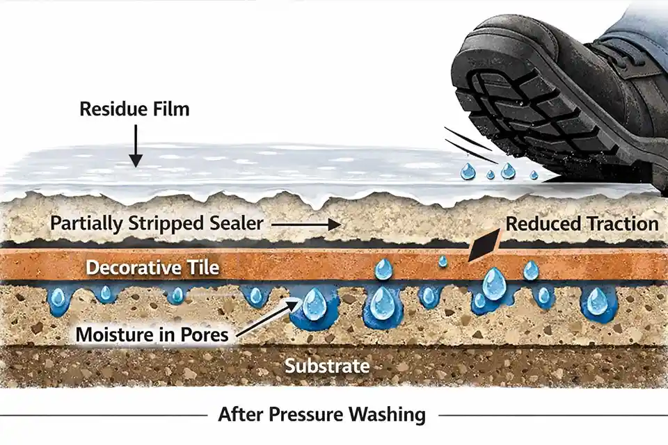 Diagram of residue, sealer damage, and moisture retention causing slippery decorative courtyard tiles