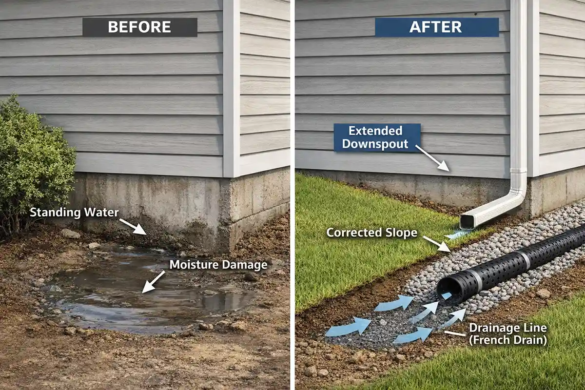 Comparison showing how redirecting a downspout away from a walkway stabilizes the surrounding ground surface.
