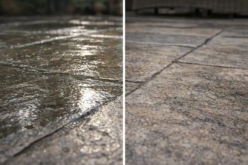 Side-by-side comparison of glossy sealed natural stone with reduced traction and matte textured natural stone with better grip.
