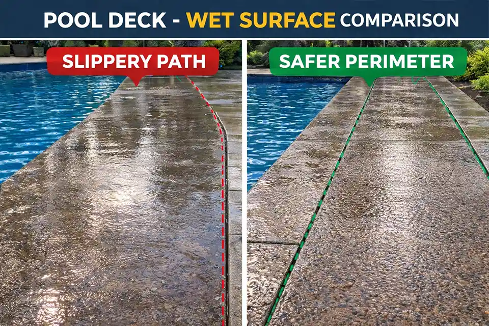Side-by-side pool deck comparison showing a shiny slippery traffic lane with sunscreen buildup and a safer low-traffic edge with more visible surface texture.
