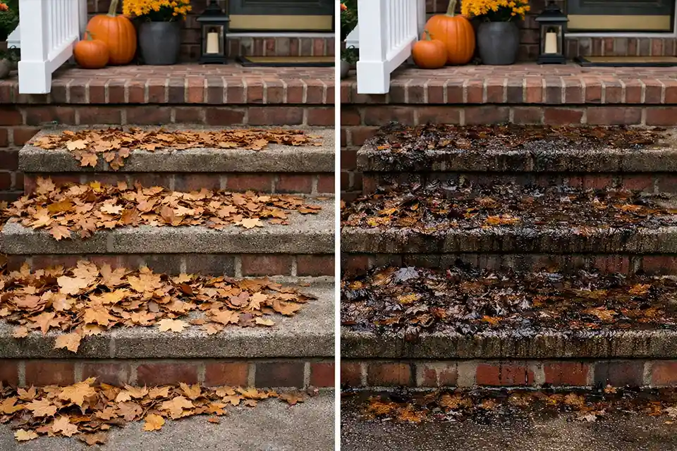Side-by-side outdoor steps with loose dry leaves versus wet compacted leaf residue causing slippery conditions
