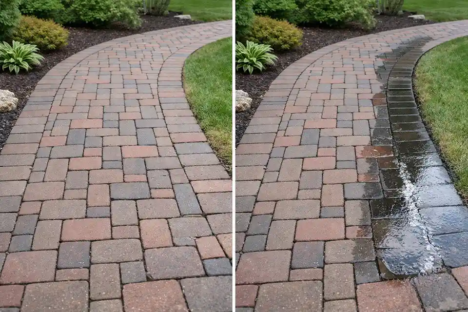 Comparison of a residential walkway drying normally versus a walkway staying wet and slippery from poor drainage.