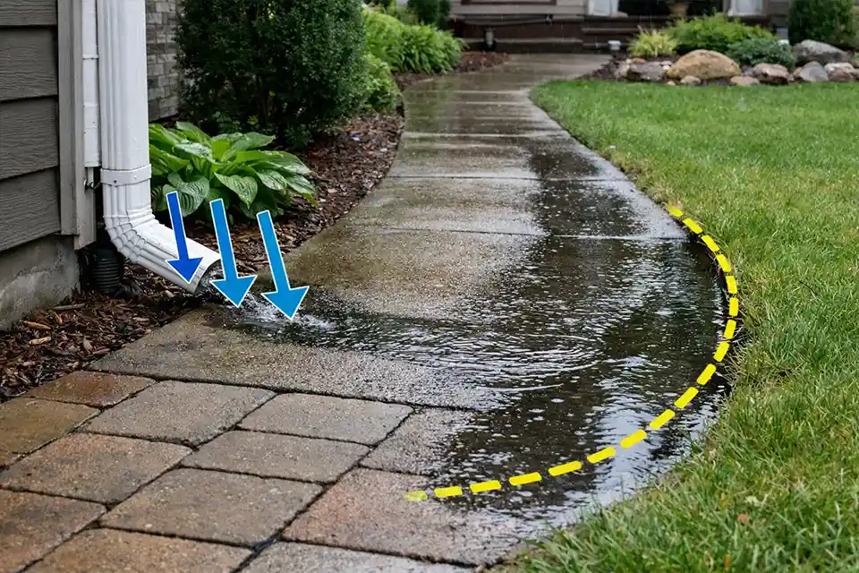 Home walkway with overlay showing runoff from a downspout creating a wet low strip that stays slippery after rain