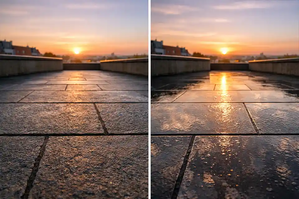 Side-by-side rooftop stone terrace showing textured stone with better traction and smoother sealed stone becoming slippery from a thin condensation film