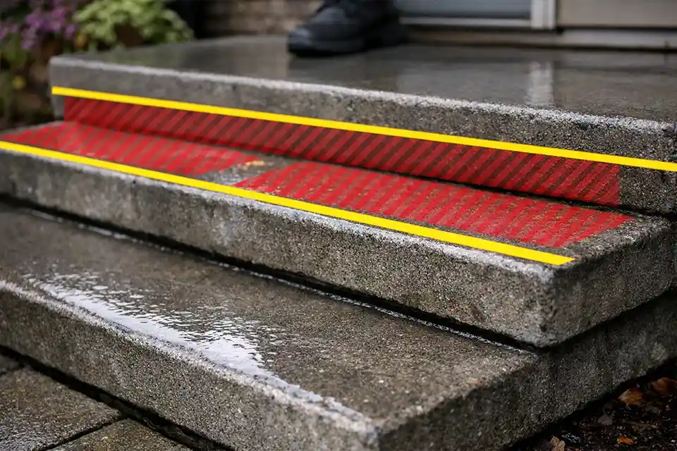 Outdoor stair treads with an overlay highlighting the nosing and front edge where slips most often start