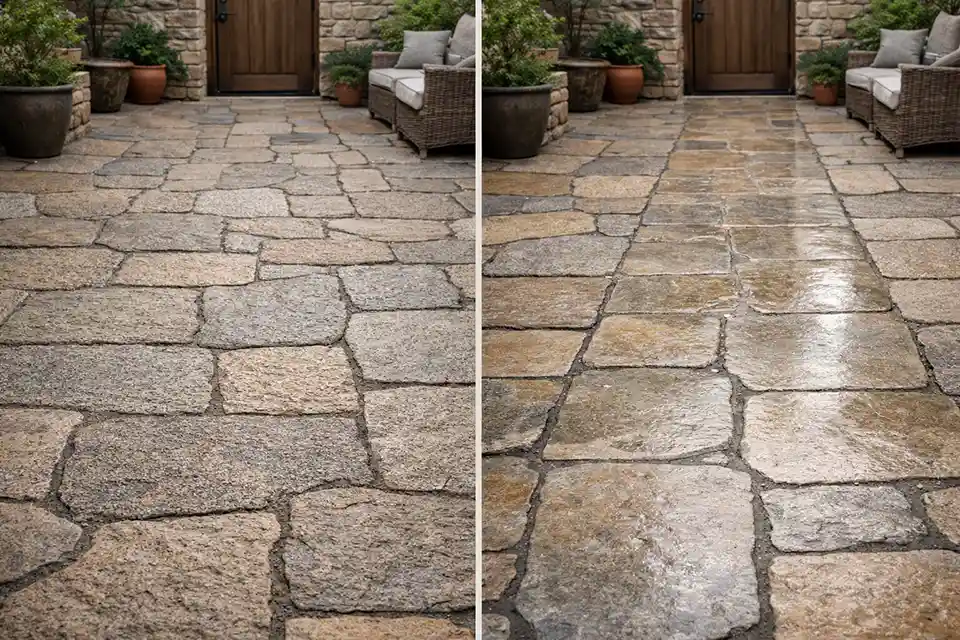 Comparison of textured courtyard stone and a smoother reflective walking lane polished by repeated foot traffic.