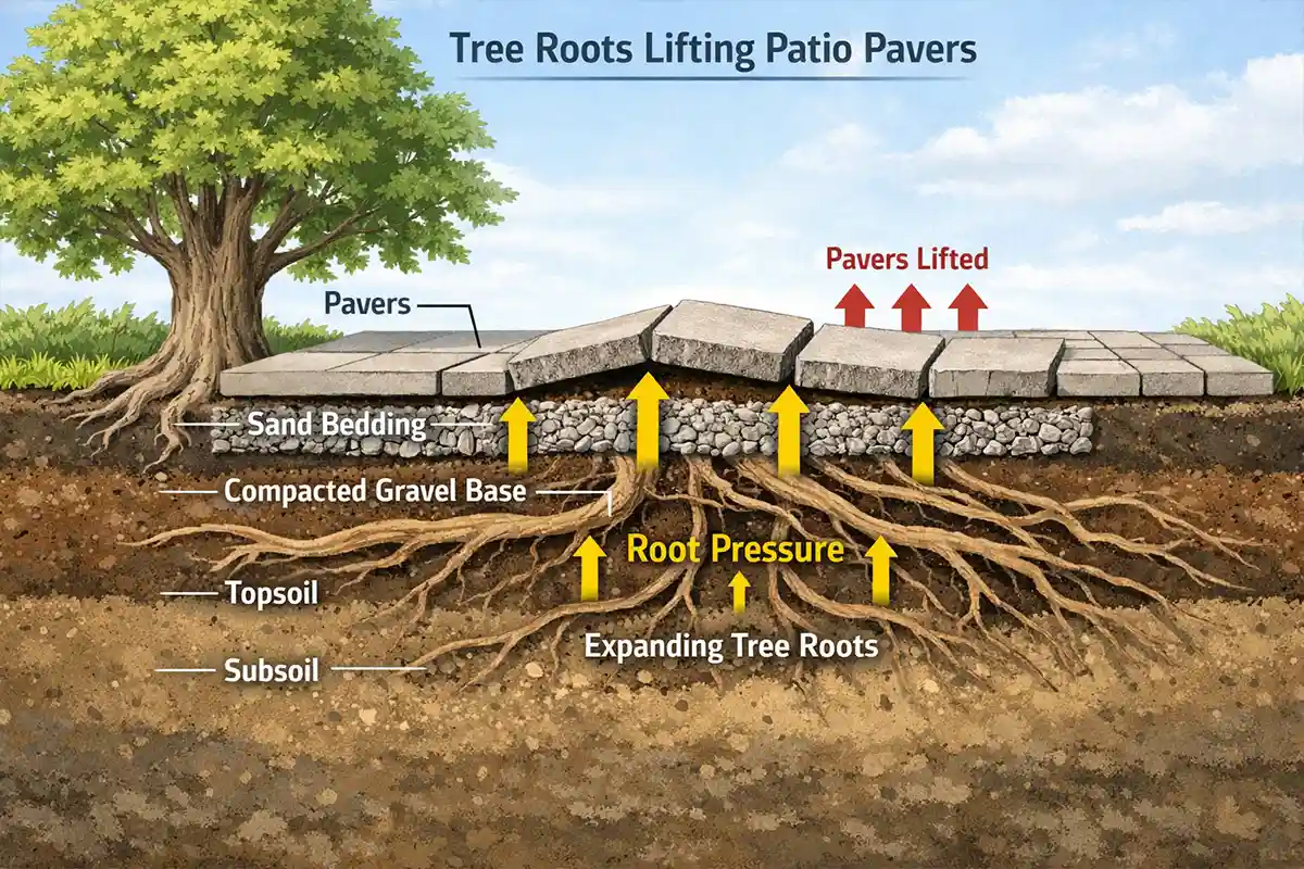 Cross-section diagram showing tree roots expanding beneath patio pavers and lifting stones to create an uneven outdoor surface.