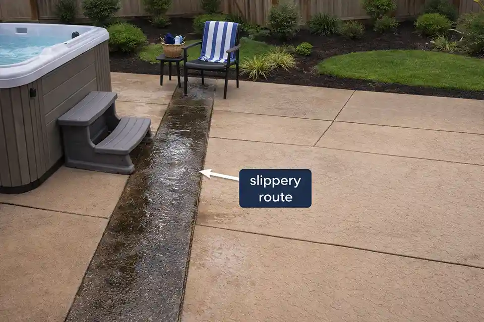 Wet slippery path next to a backyard hot tub leading from spa steps to a patio chair in a residential outdoor space.