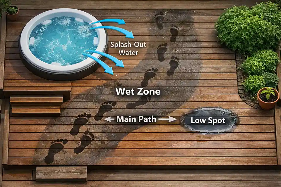 Top-down hot tub deck diagram showing splash-out, foot traffic, and a low spot that keeps one access lane slippery longer
