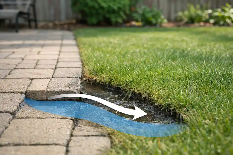 Paver walkway with a damp low area and an overlay showing hidden water movement causing repeated surface problems