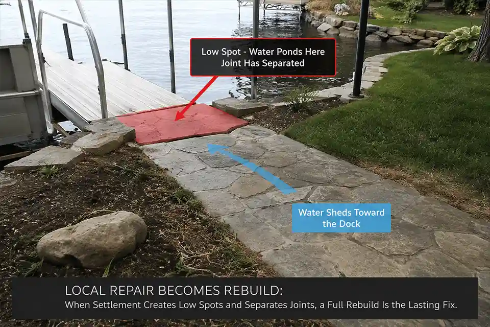 Dockside stone path with overlay highlighting a settled low spot and the drainage direction that needs correction