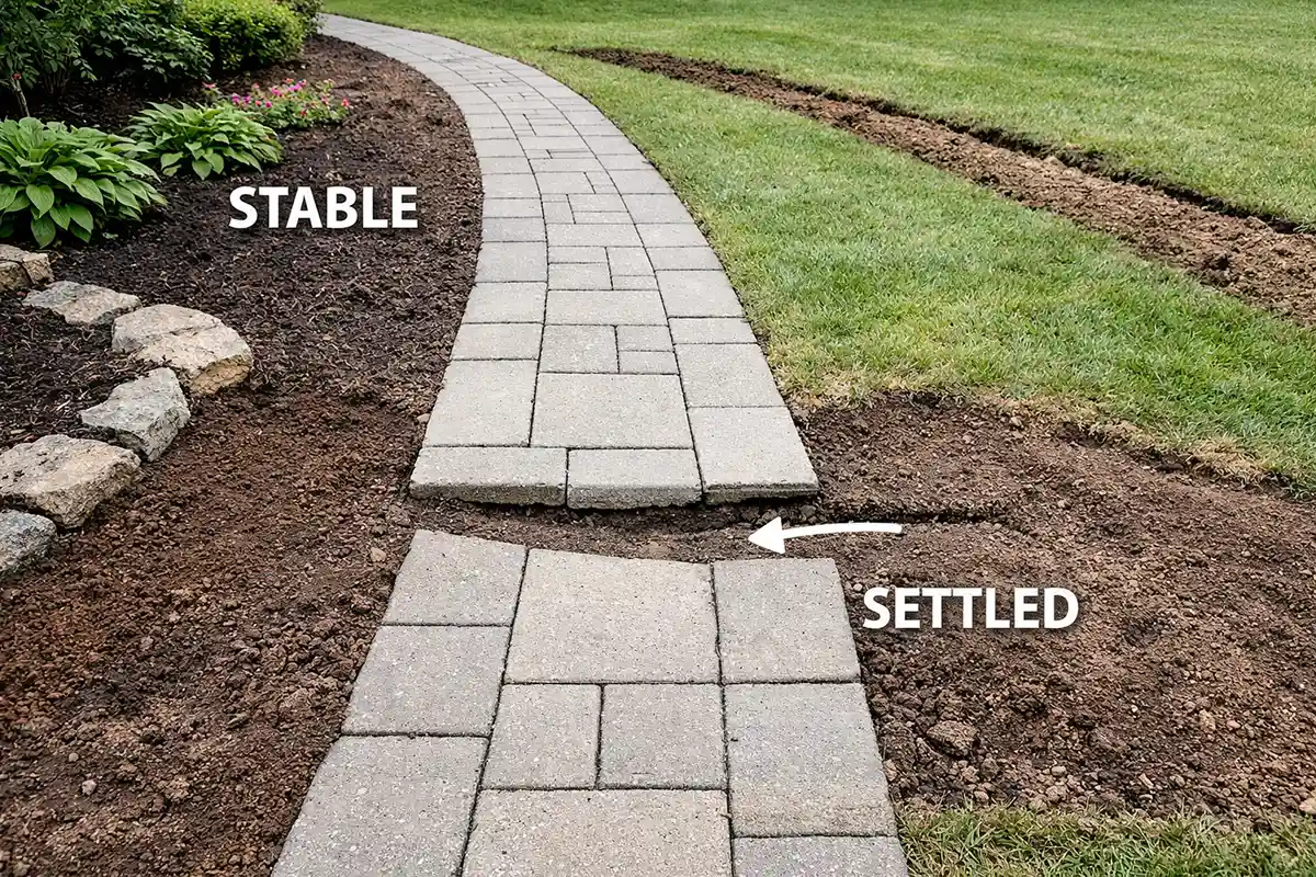 Overhead view of walkway sinking where soil fill and trench work caused ground settlement.