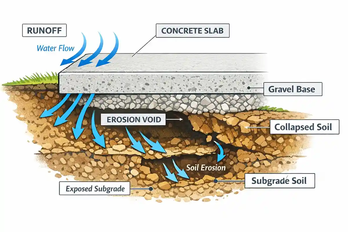Diagram showing soil erosion and void formation under driveway edge causing surface collapse