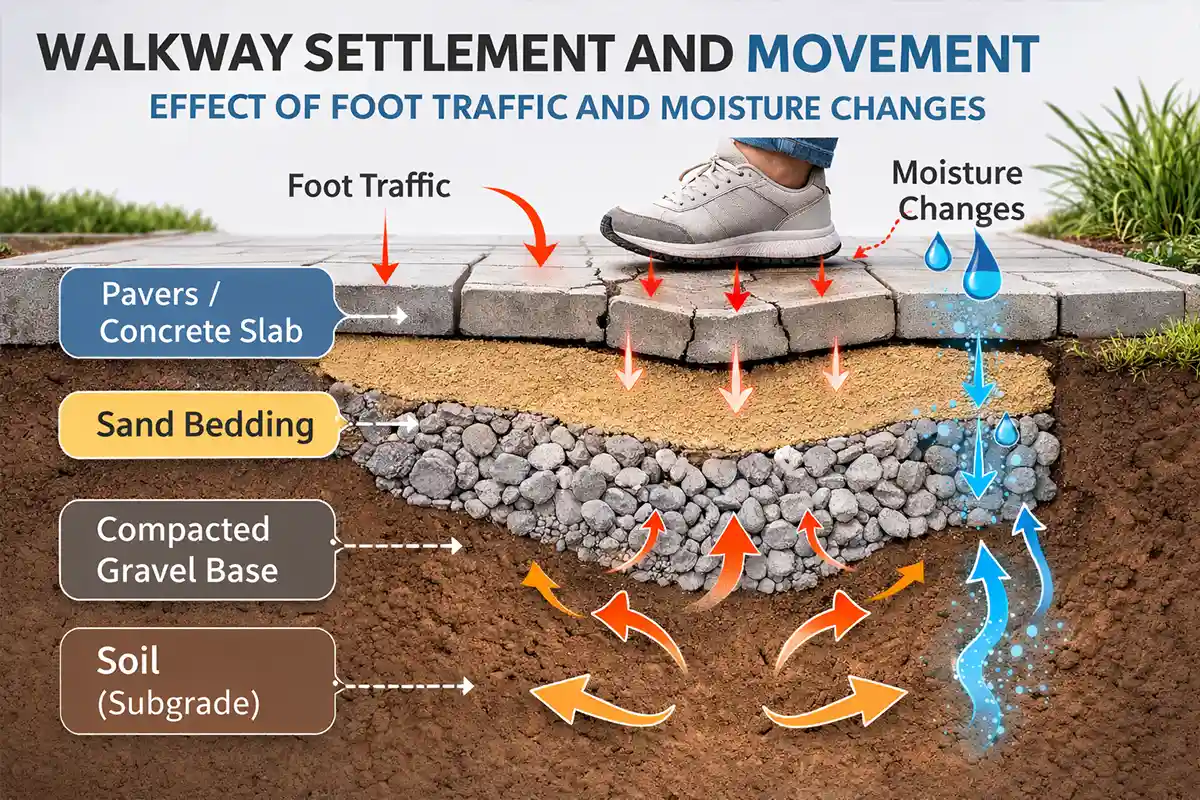 Diagram showing soil settlement under a walkway causing uneven surfaces