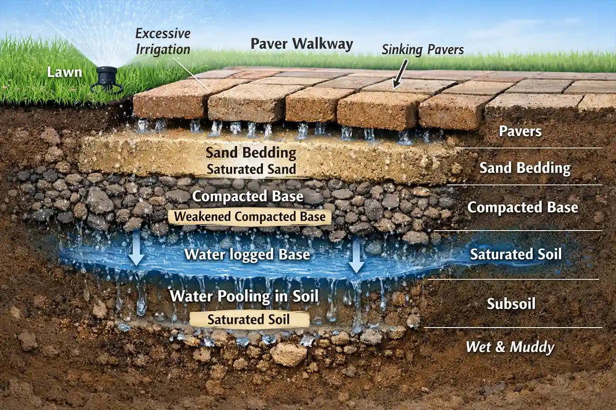 Diagram showing irrigation water saturating soil under outdoor pavers causing uneven settling.
