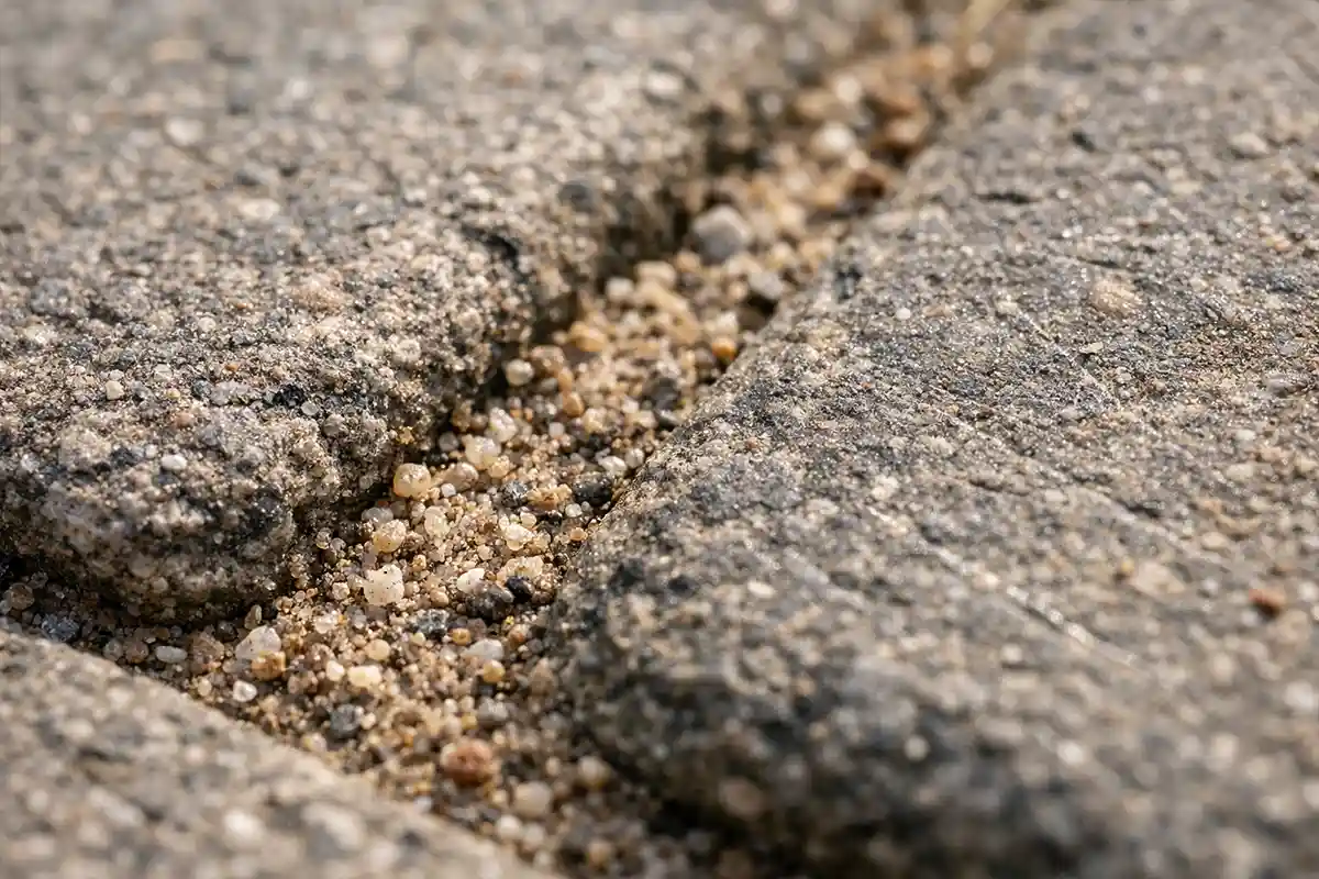 Sand and dirt particles embedded in stone pavers causing abrasive surface wear.