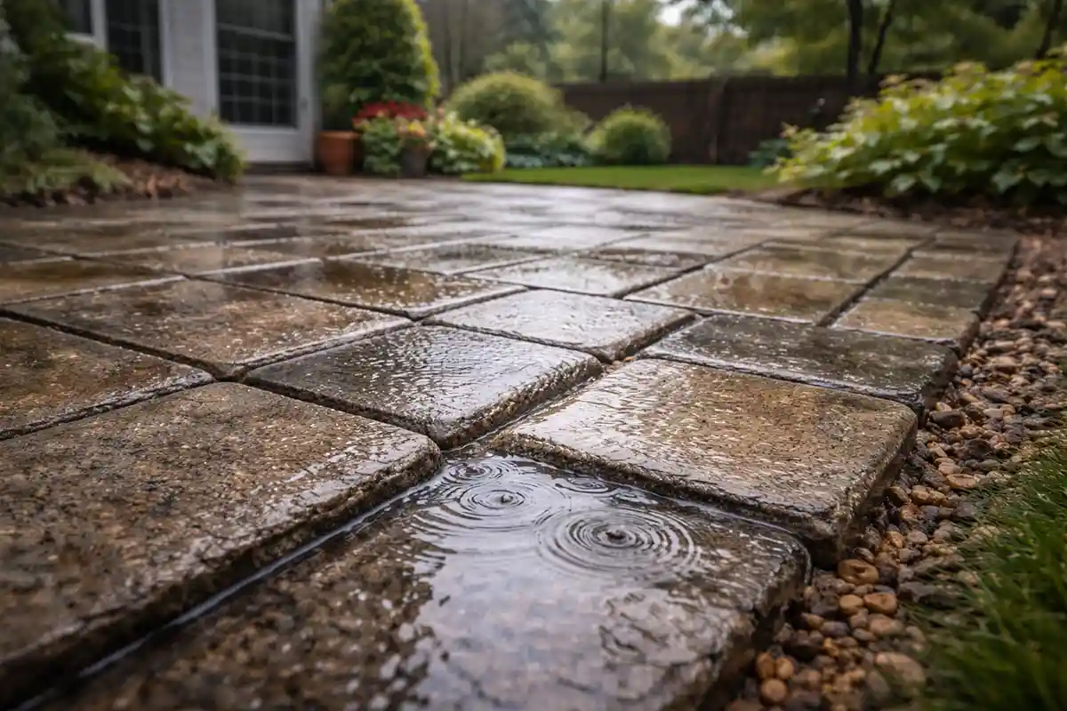 Rainwater pooling between outdoor pavers after heavy rainfall.