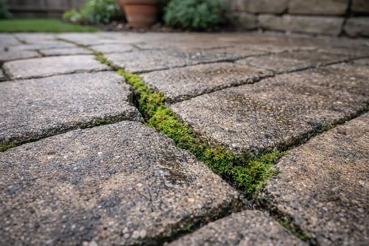Cracked outdoor stone paver with moss growing inside widened joint lines.