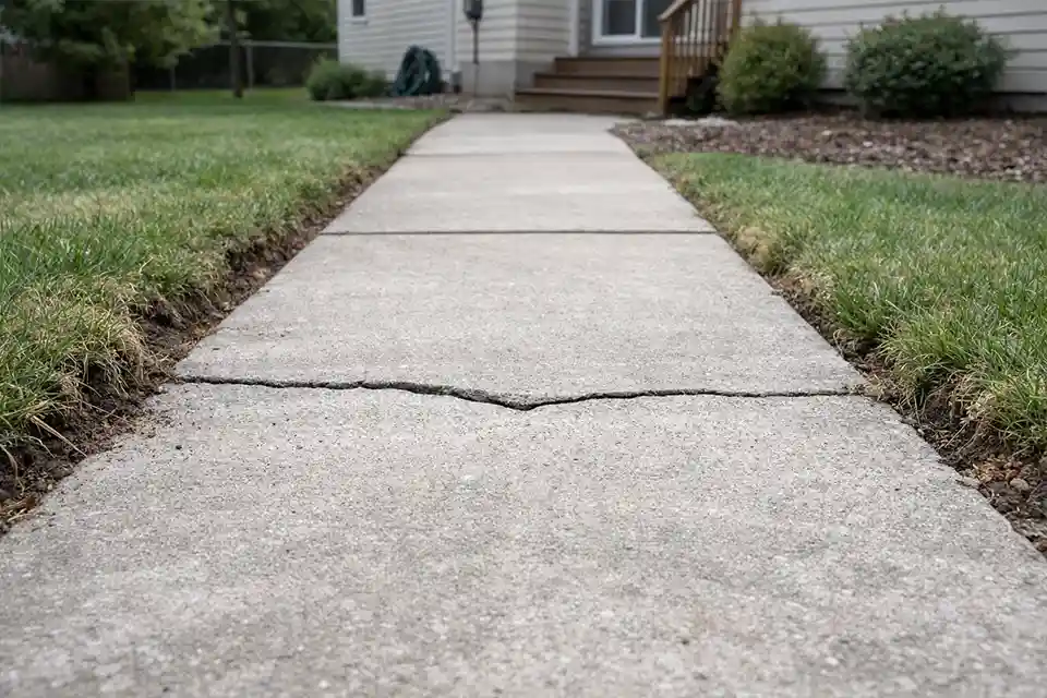 Concrete walkway slightly sinking along a buried utility trench line